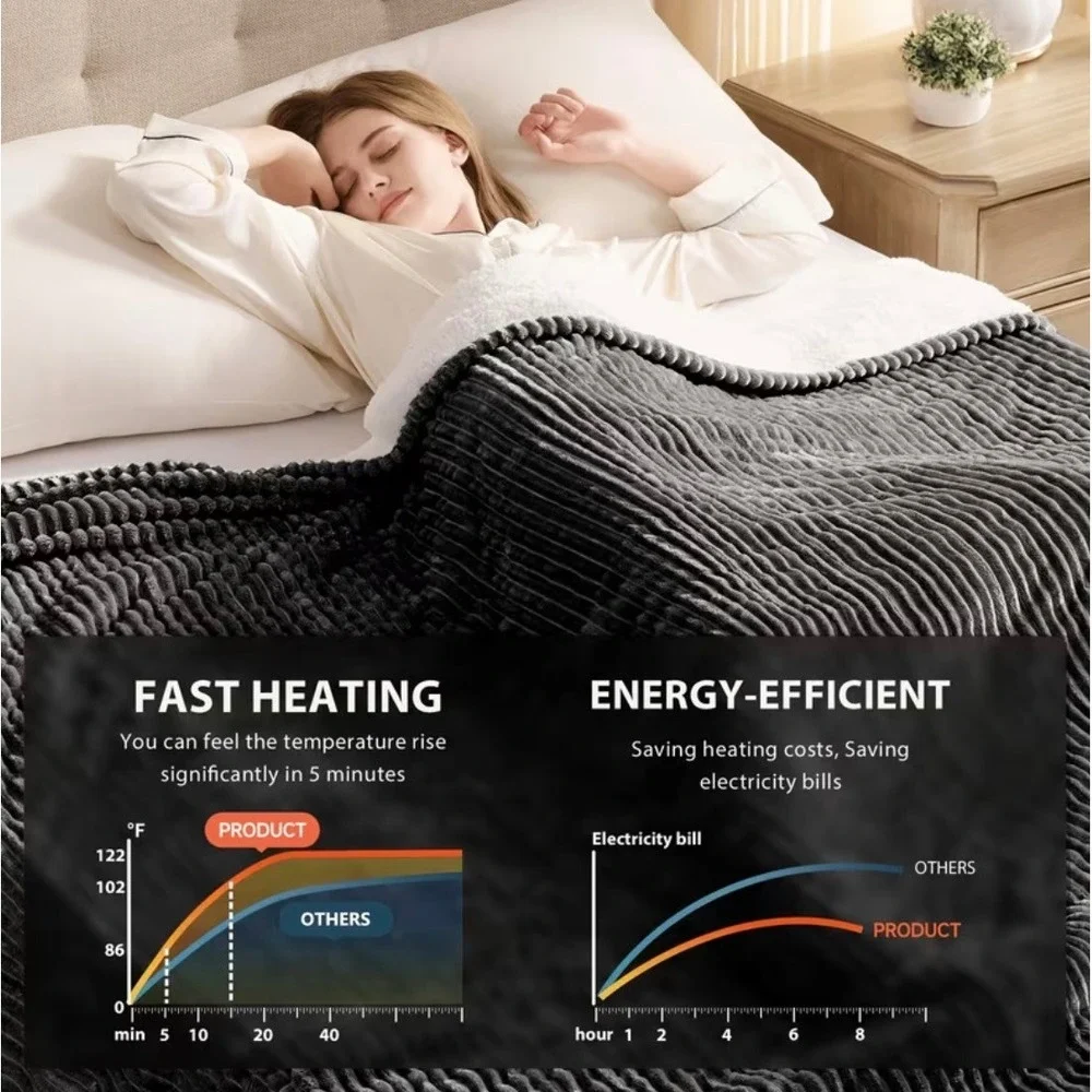 Heated Electric Blanket Throw 6 Heat Settings Auto Off 250gsm Plush Flannel Blue
